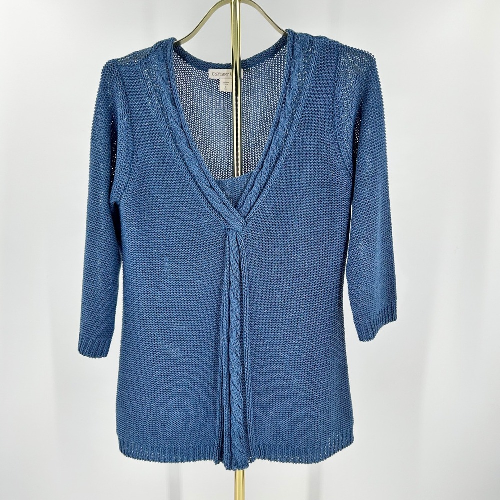 Coldwater Creek Blue Cable Twist V-Neck Sweater Top 3/4 Sleeve Size L 14